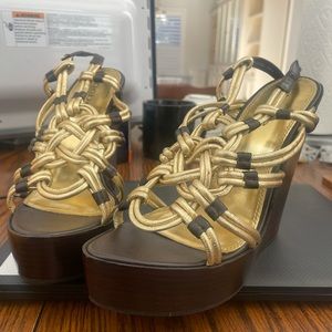 Bebe Amber Gold Basket Weave Sandal Wedge